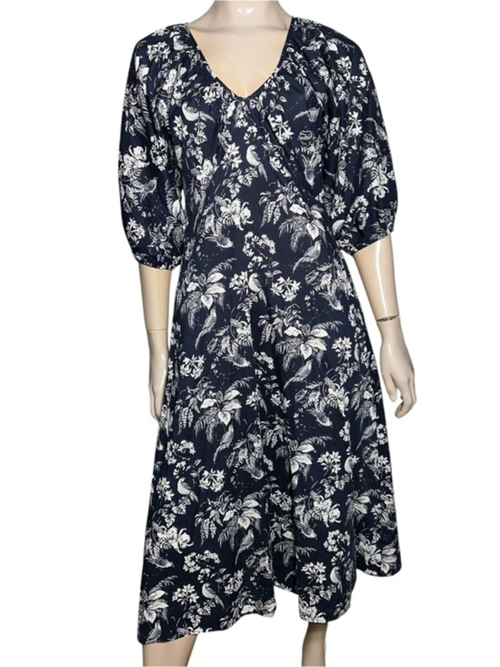 Lido World Women's Size M Navy Blue Hibiscus Floral Hawaiian V-Neck Midi Dress